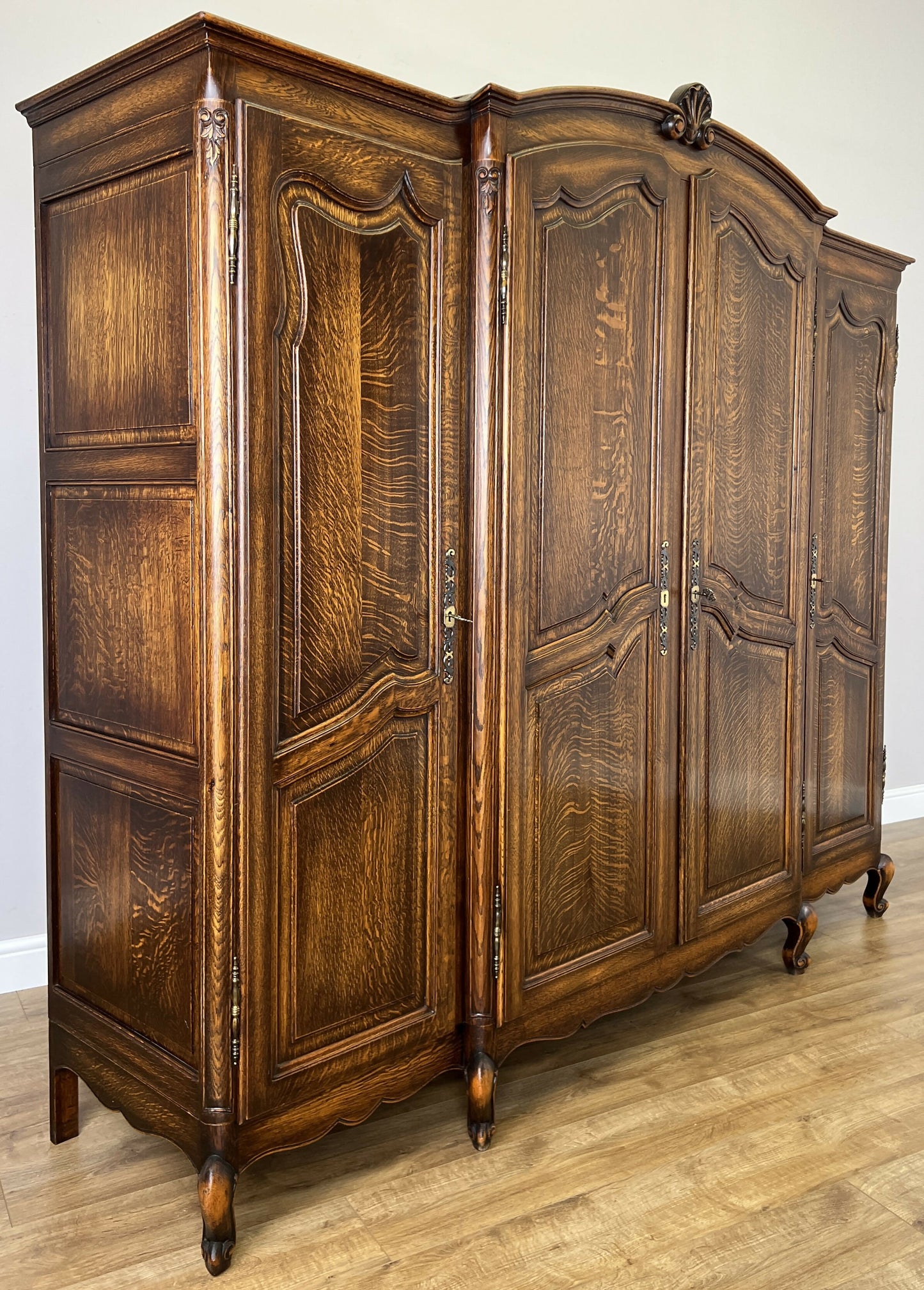 Wardrobe Vintage French Louis XVI Style Four Door Oak Carved Armoire LOT 6454