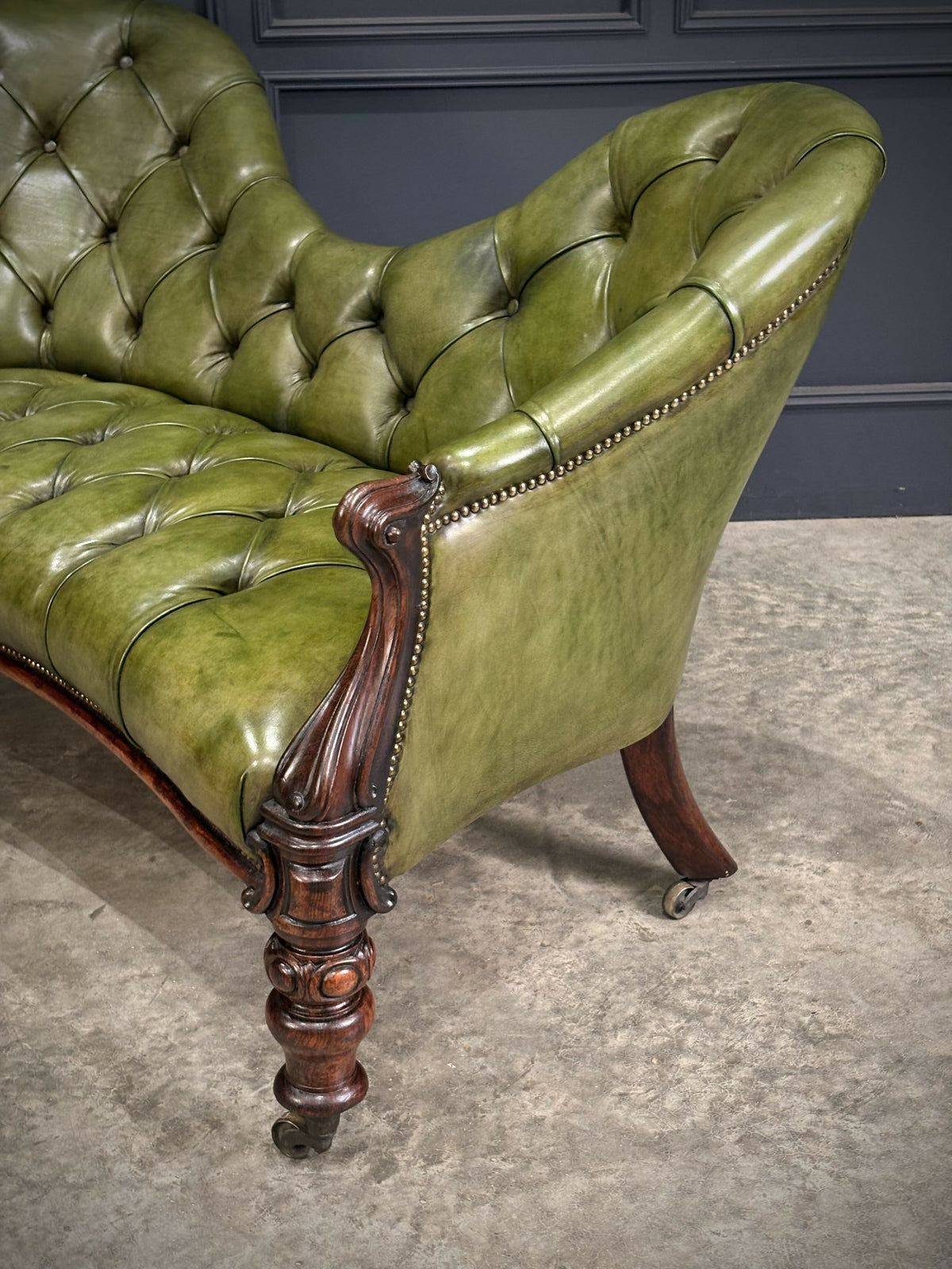 Vintage Victorian Green Buttoned Leather Double Spoon Back Sofa