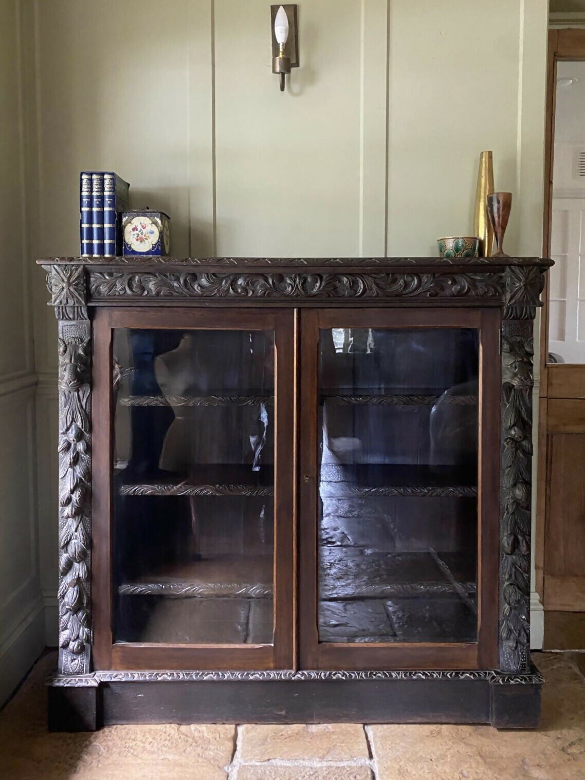 Antique Victorian Jacobean Style Oak Carved Glazed Bookcase Cabinet Cupboard