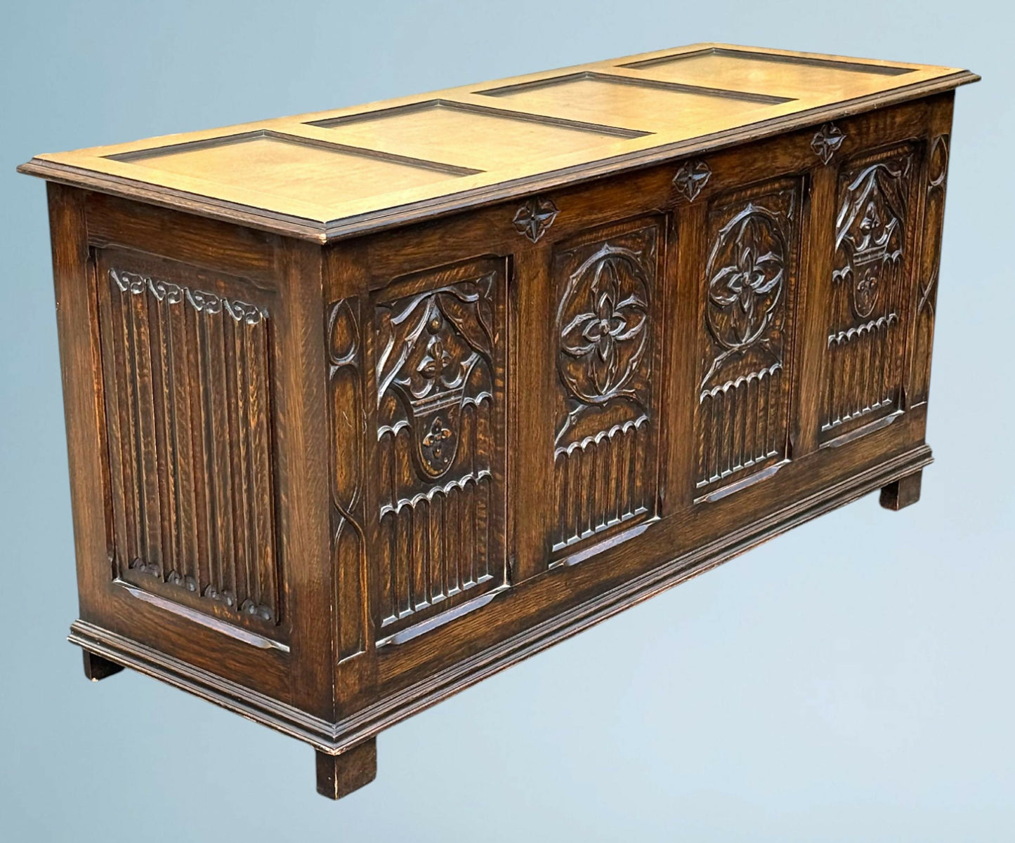 A Large Carved Oak Bedding or Blanket Box With Raised Linen Fold Panels