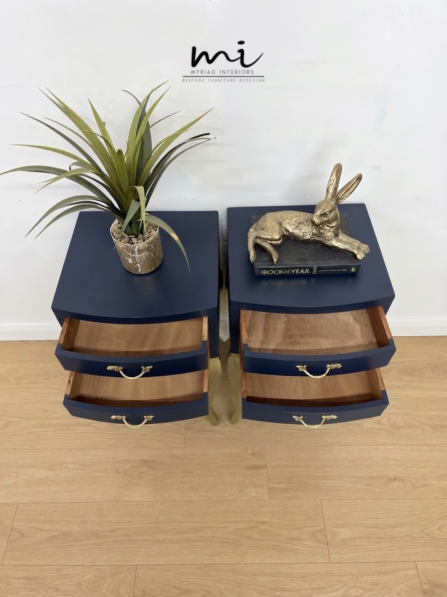 Vintage Navy Blue and Gold French Louis Style Bedside Tables, nightstands, Cabriole Legs