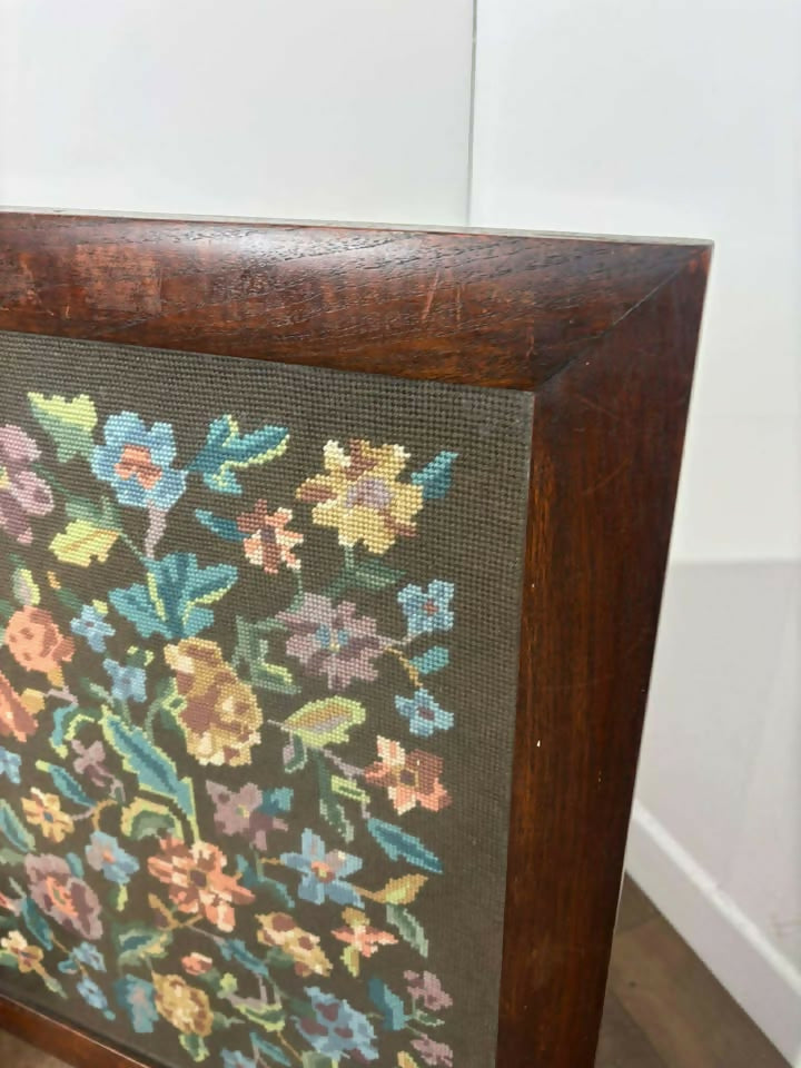 Vintage oak Framed Floral Tapestry Fire Screen