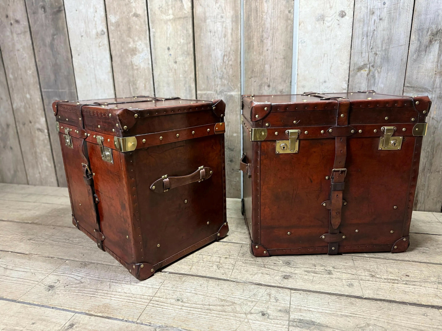 Antique Chestnut Leather Designer Belting Trunks