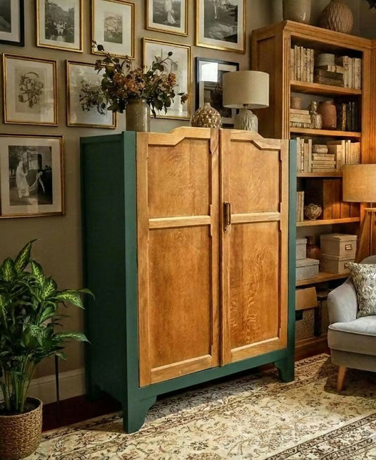 Vintage Solid Wood Wardrobe | Hand Painted Green & Oak Armoire | Dovetail Drawers | Shelved Larder or Linen Cupboard | Working Key