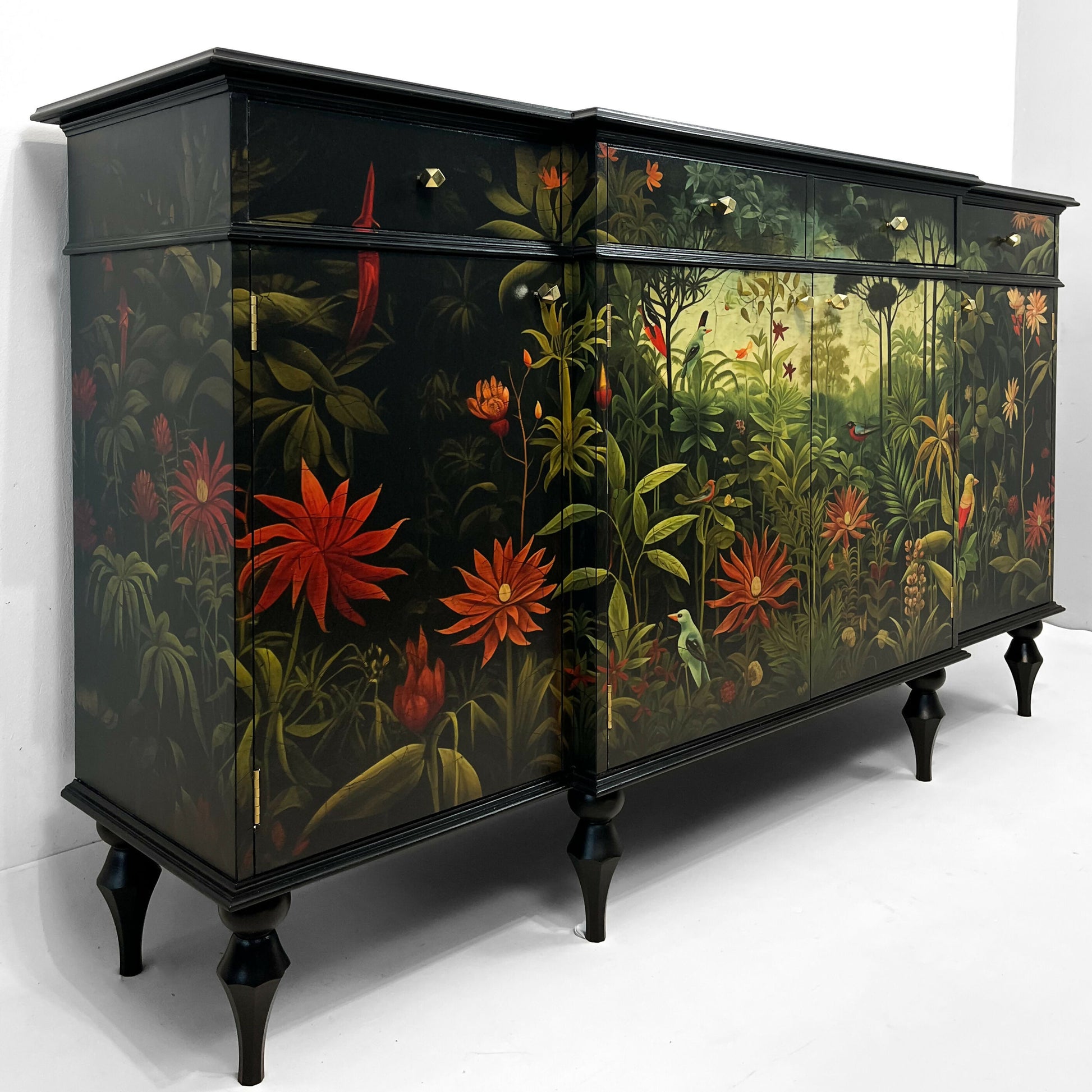 Large breackfront sideboard with conical legs, drawers and cupbords