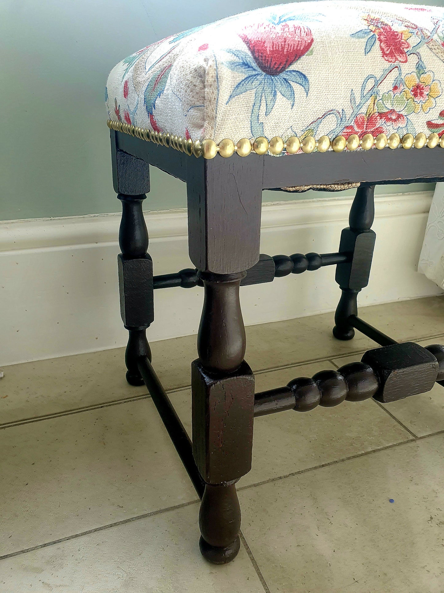 Footstool Vintage Oak Seat. Stool Restored Reupholstered in Linwood Linen
