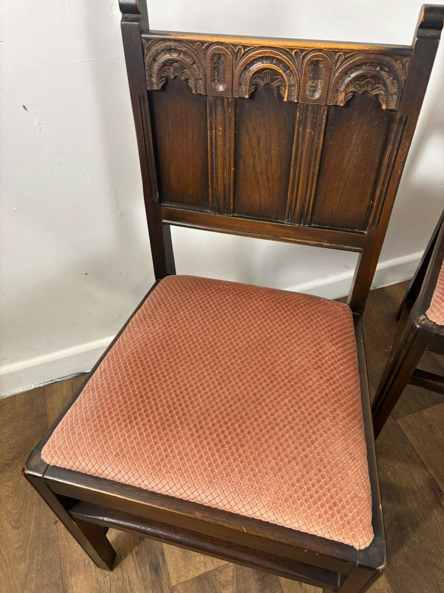 Vintage Set Of Four Oak Priory Style Dining Chairs