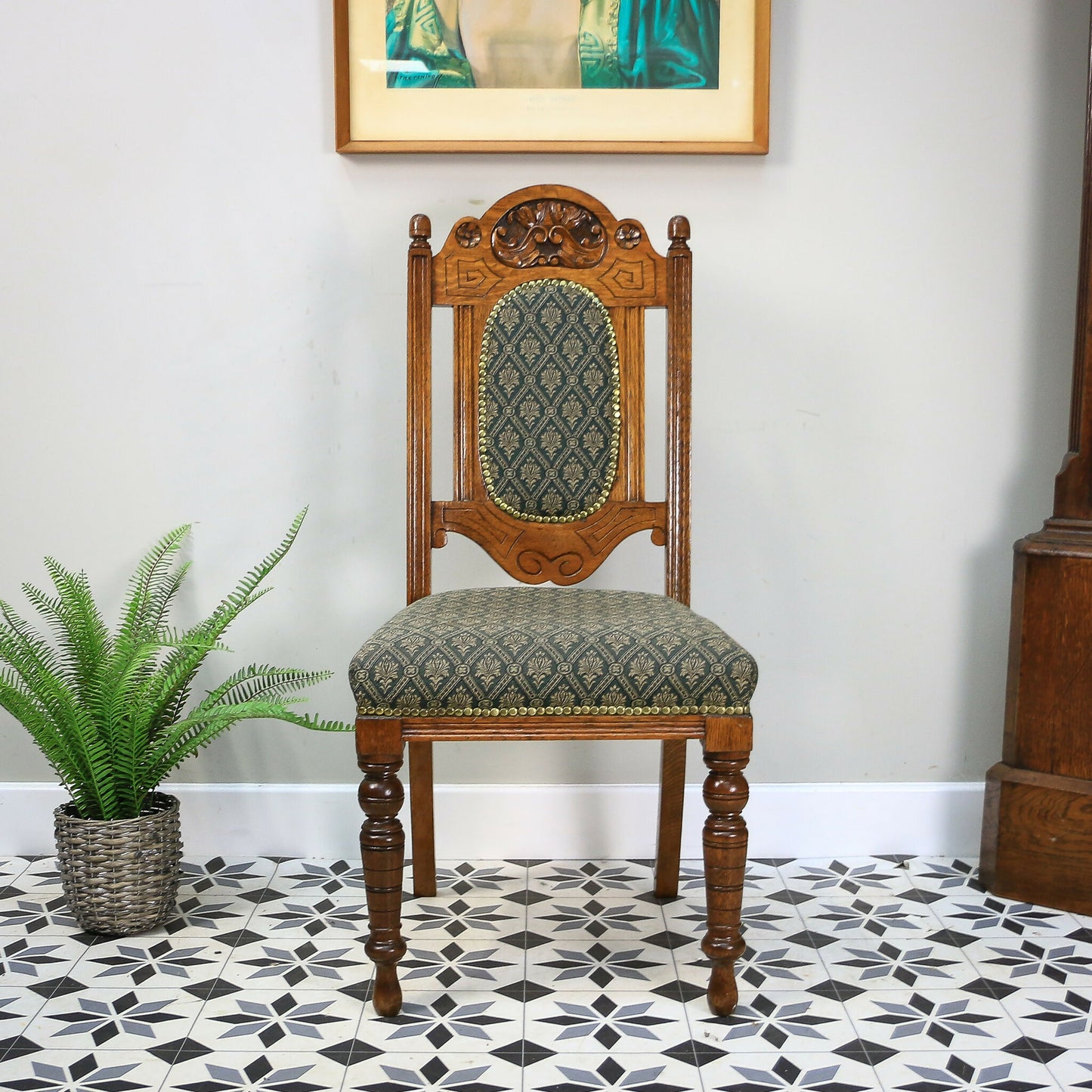 Victorian Side or Hall Chair Carved Back in Solid Oak with Green and Gold Fabric