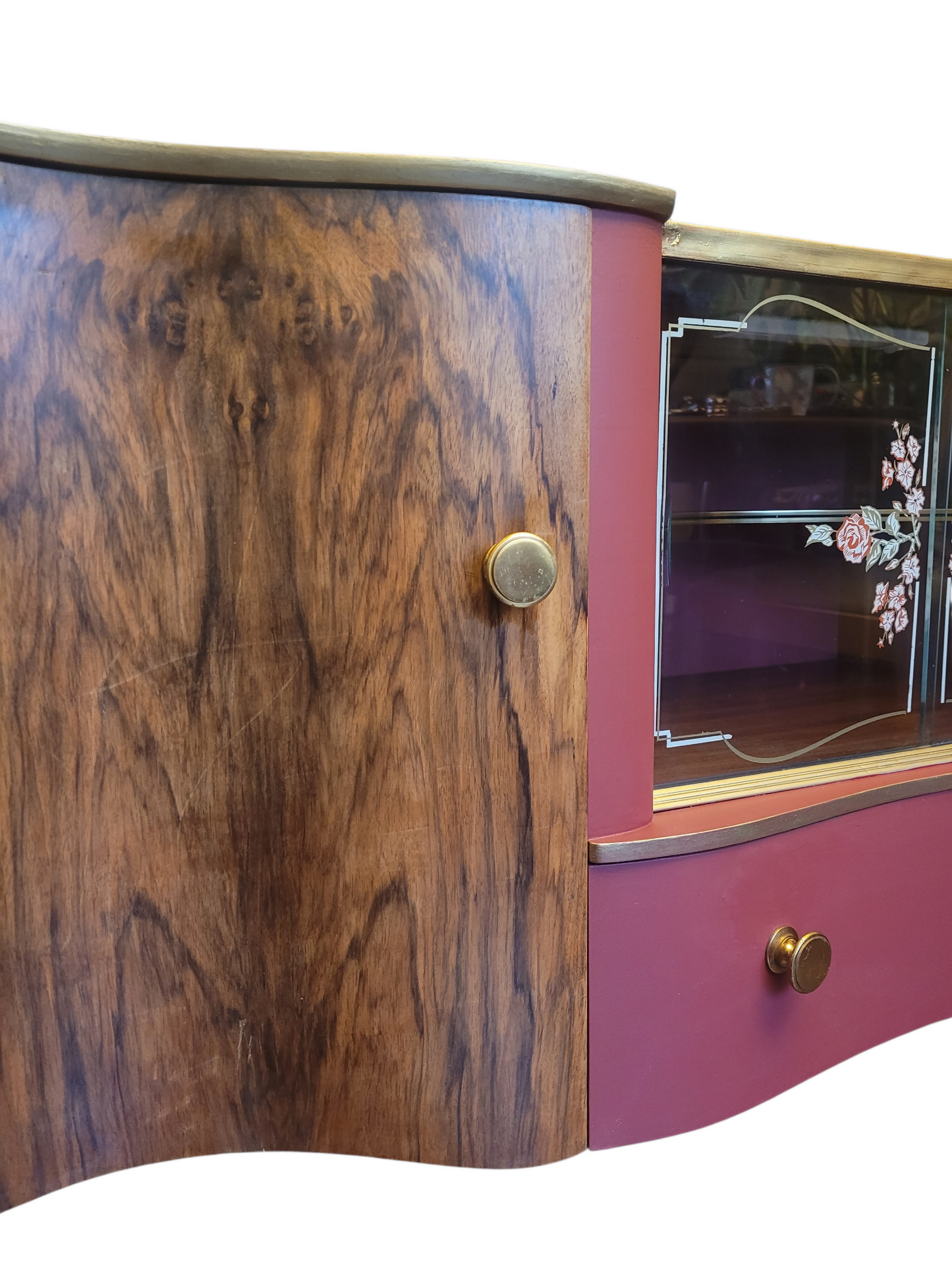 Mid Century Walnut Cocktail Cabinet/ Sideboard. Glass fronted floral vintage sideboard