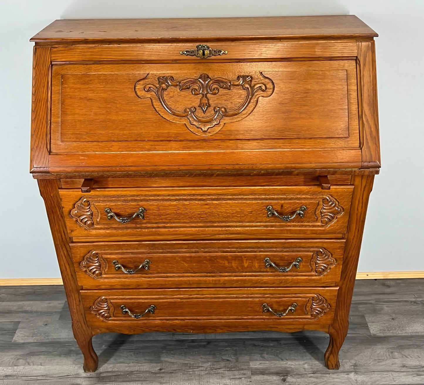 Secretaire Writing Desk Vintage French Oak Bureau Carved Cabinet LOT 3755