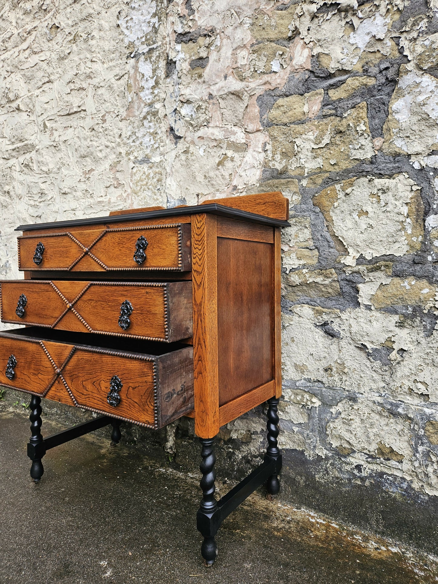 Vintage Oak Chest Of Drawers Three Drawer Lovely Detailing Super Proportions Ebonised In Black
