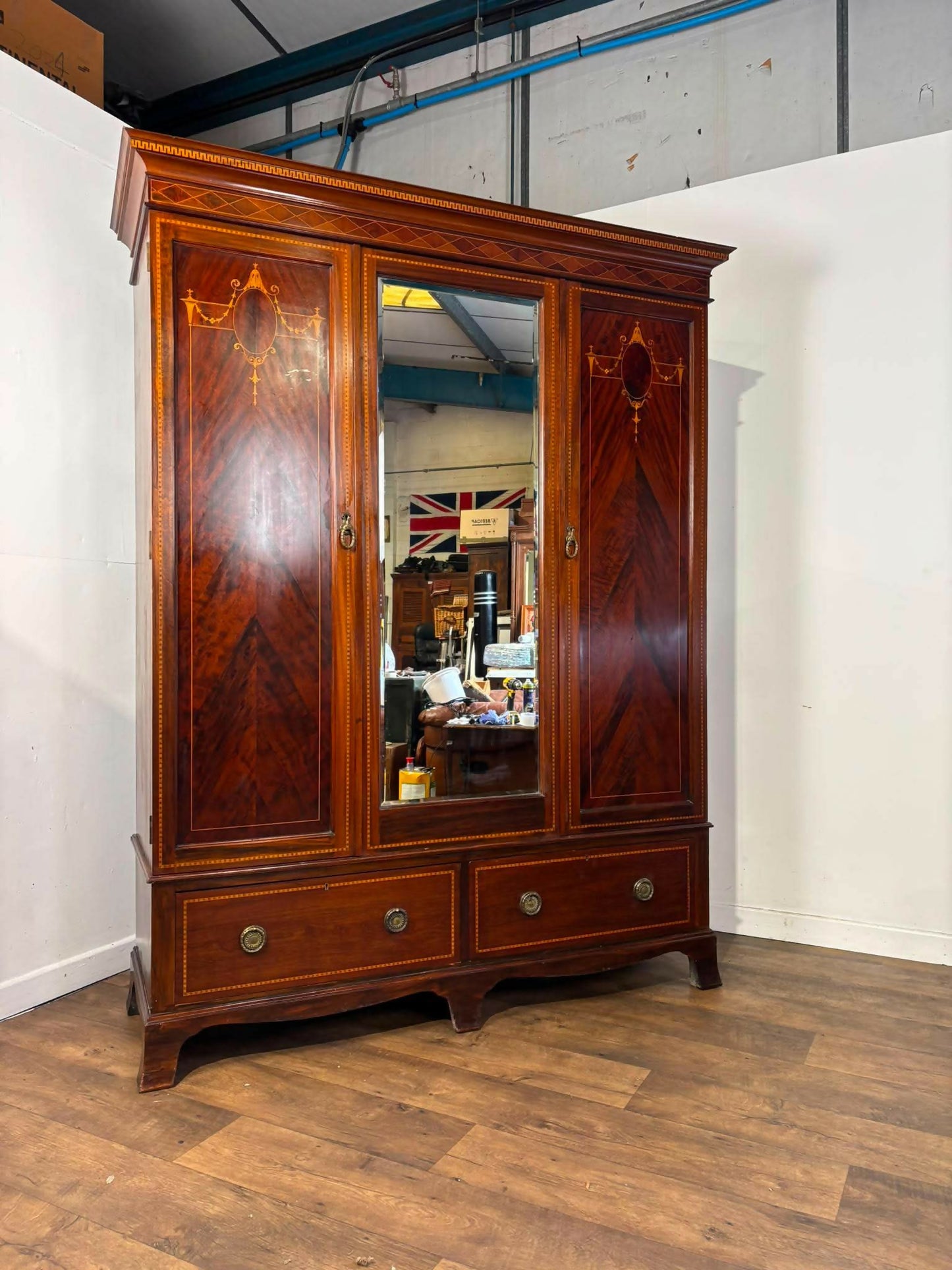 Edwardian Mahogany Inlaid Wardrobe / Armoire with Mirror & Drawers