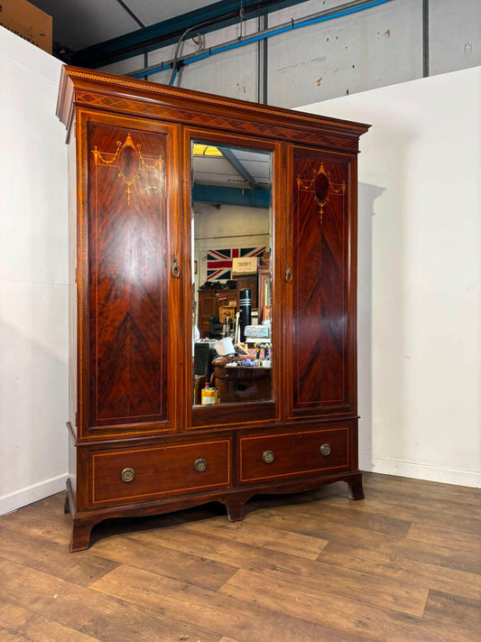 Edwardian Mahogany Inlaid Wardrobe / Armoire with Mirror & Drawers
