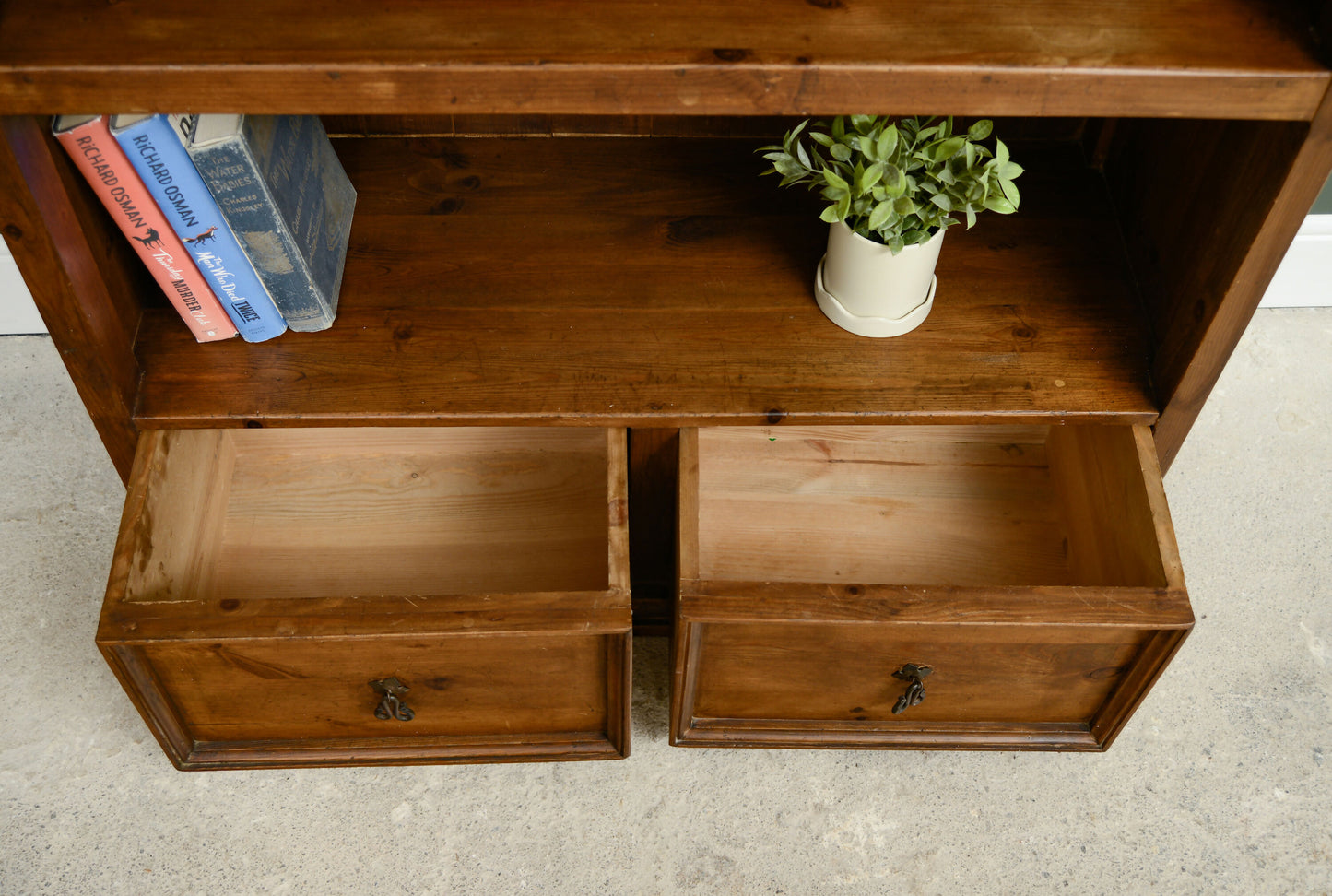 Tall Pine Bookcase with Drawers - Antique Finish
