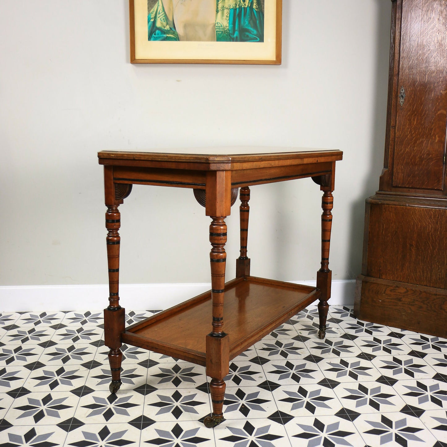 Edwardian Mahogany Card Game Table Baize Top on Porcelain Castors