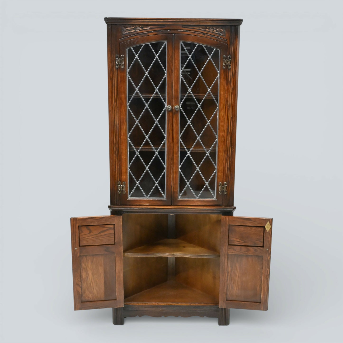 Old Charm Corner Display Cabinet Leaded Glass Doors Tudor Brown FREE UK Delivery