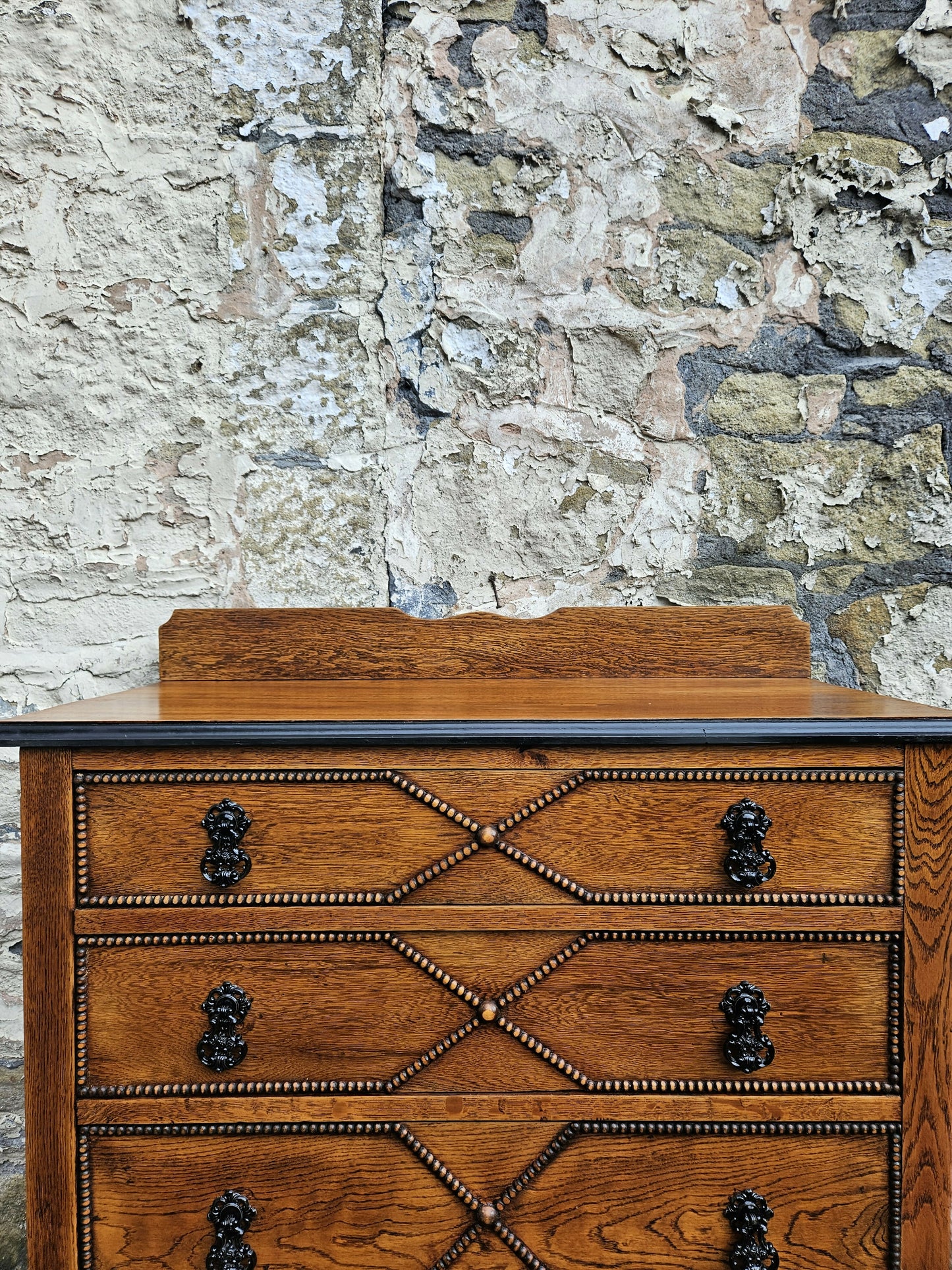 Vintage Oak Chest Of Drawers Three Drawer Lovely Detailing Super Proportions Ebonised In Black