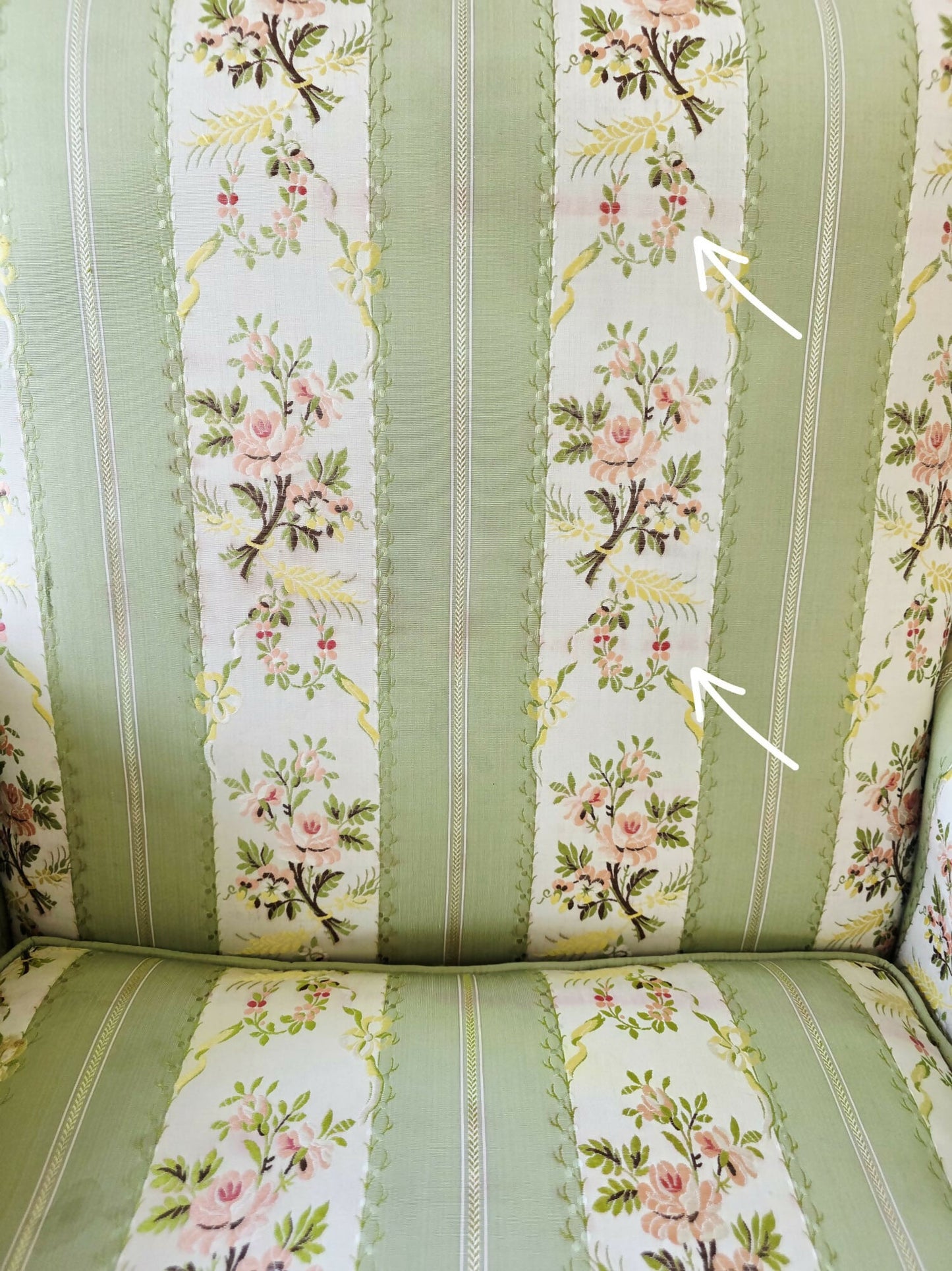 A Pair of French, Louis XVI Bergere Armchairs. Upholstered in French Embroidered Silk Upholstery Fabric