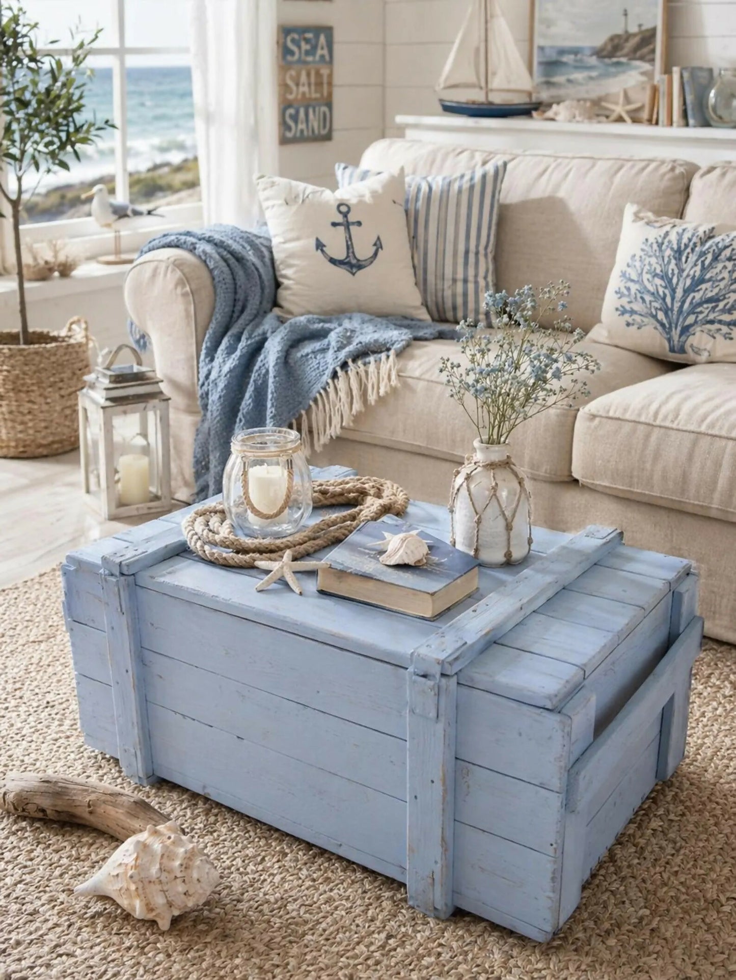 Pastel Blue Vintage Military Chest Coffee Table – Reclaimed Solid Wood Army Trunk Storage Table, Rustic Farmhouse Coffee Table