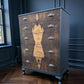 Vintage art deco navy blue walnut burr wood chest of drawers tallboy