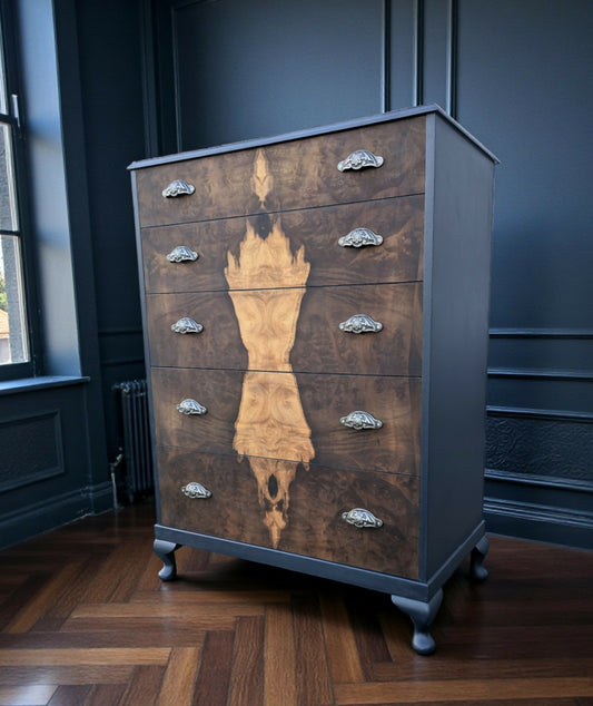 Vintage art deco navy blue walnut burr wood chest of drawers tallboy