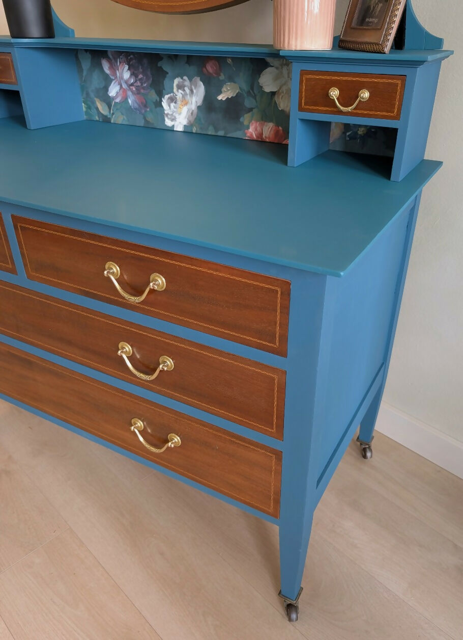 Chest of Drawers with Oval Mirror Antique Solid Wood & Painted with Botanical Drawer Interiors One of a Kind Statement Piece