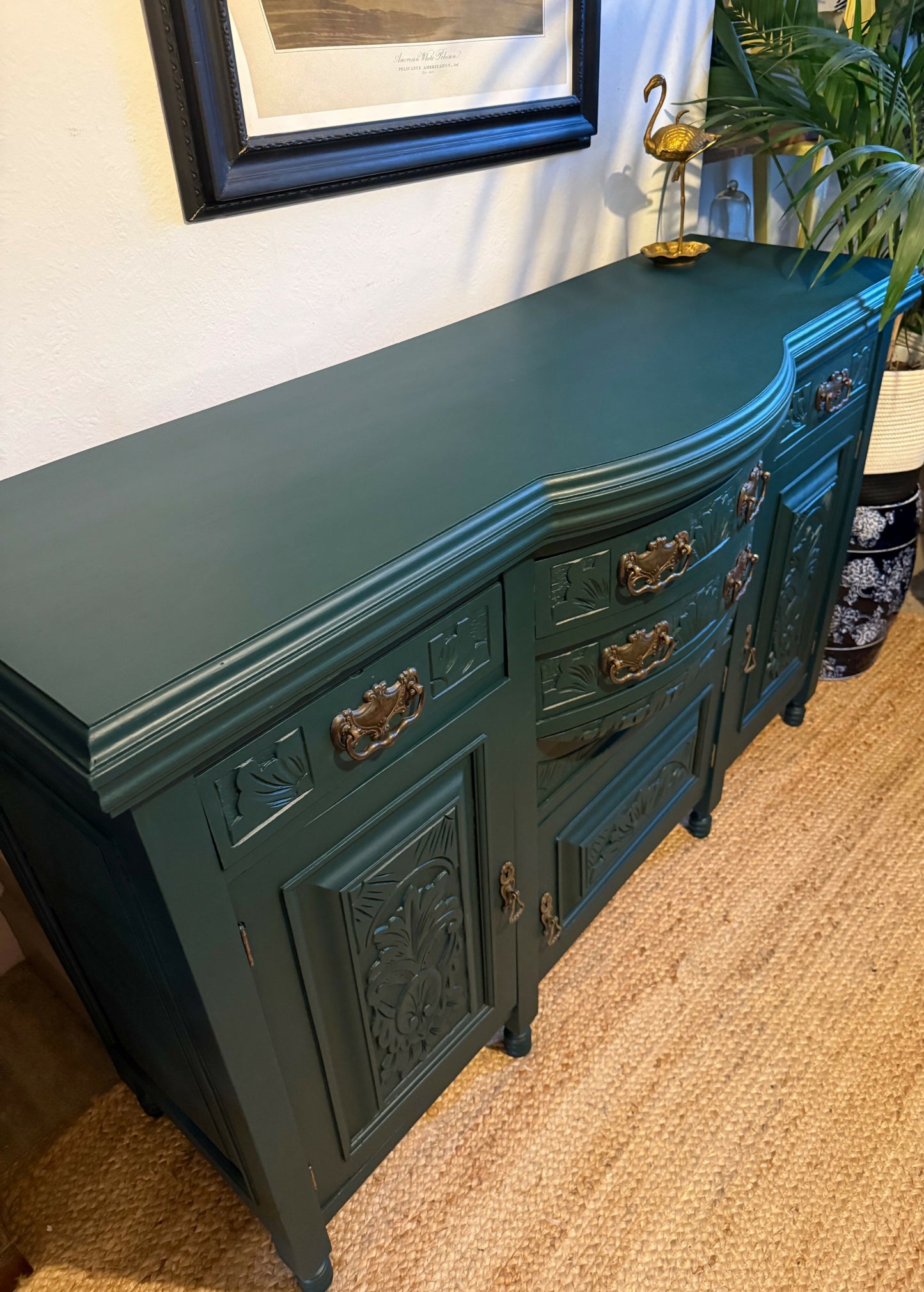 Newly refurbished antique sideboard solid oak green Edwardian