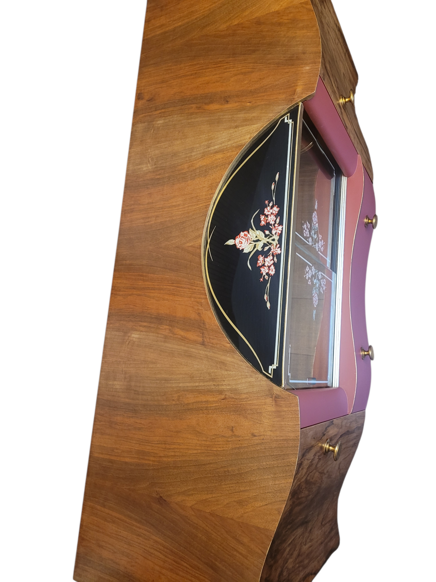 Mid Century Walnut Cocktail Cabinet/ Sideboard. Glass fronted floral vintage sideboard