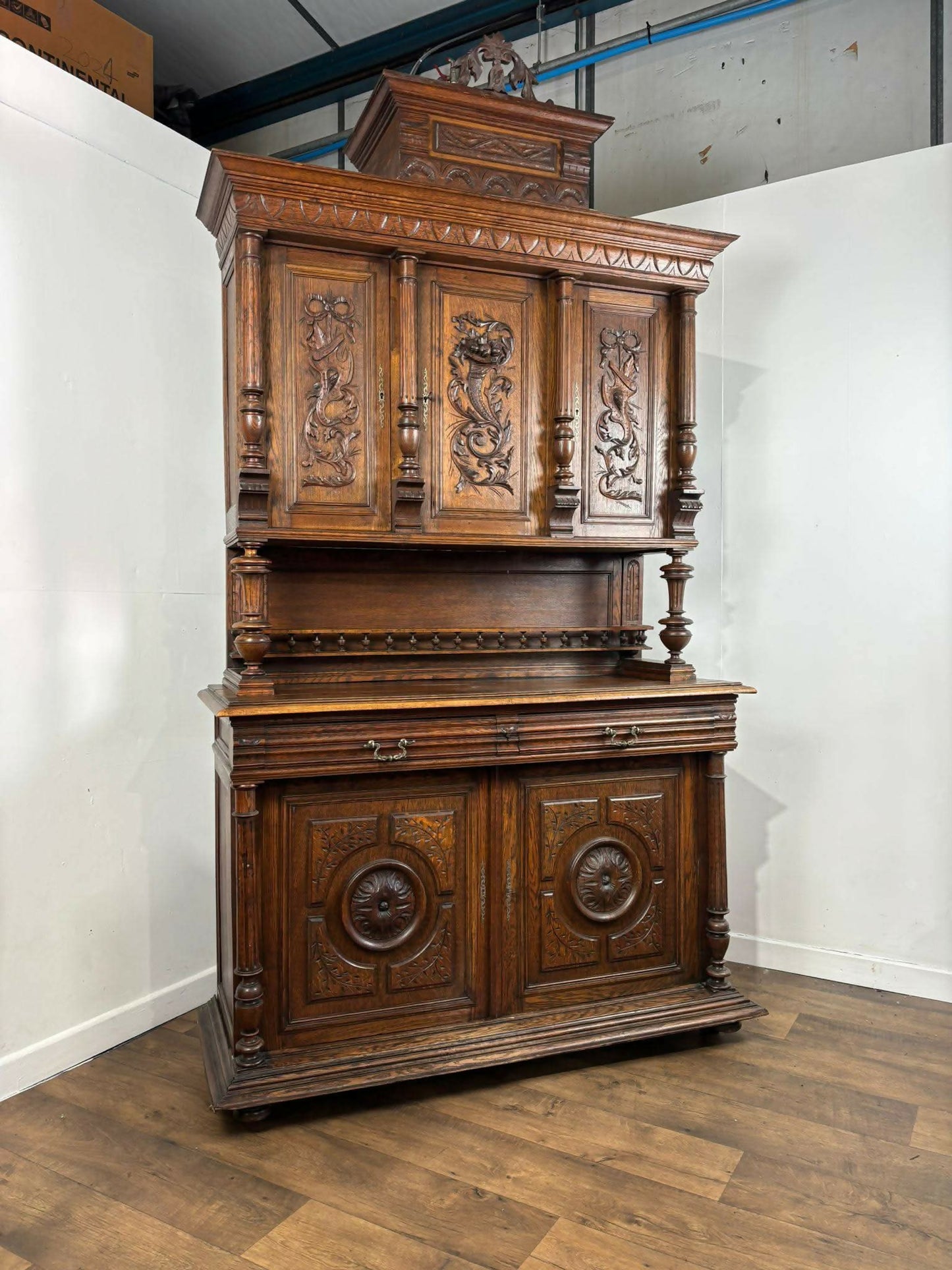 19th Century French Renaissance Style Carved Oak Buffet Sideboard / Cabinet