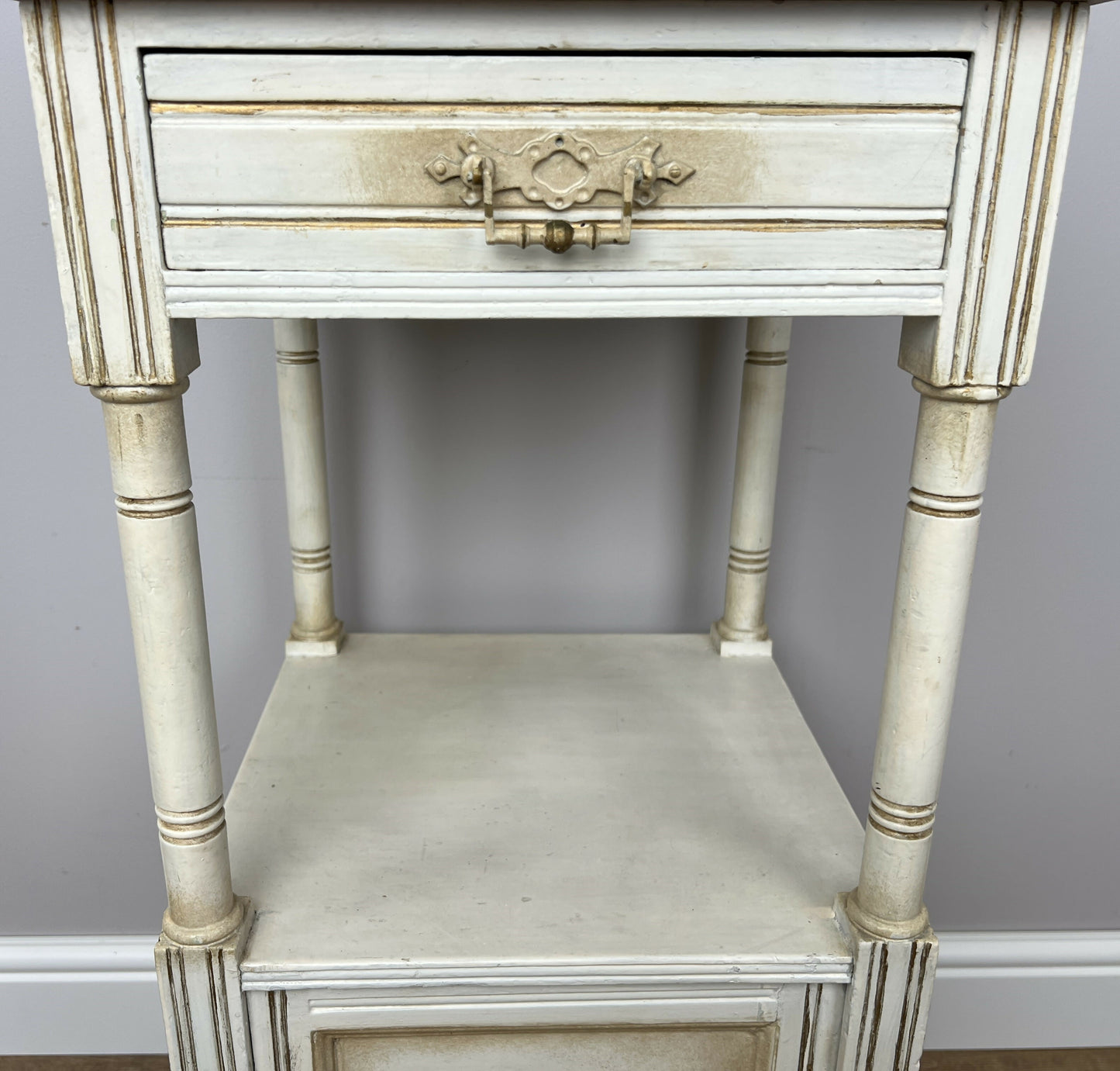 Bedside Table Antique French Style Marble Top Oak Cabinet Nightstand LOT 6224