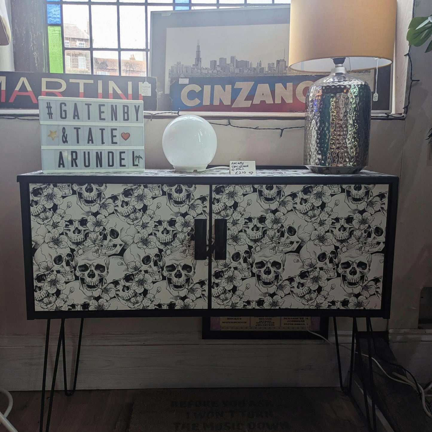 G plan Sideboard Drinks Cocktail Cabinet Black And White Skull Print Painted Upcycled Furniture Commission Piece