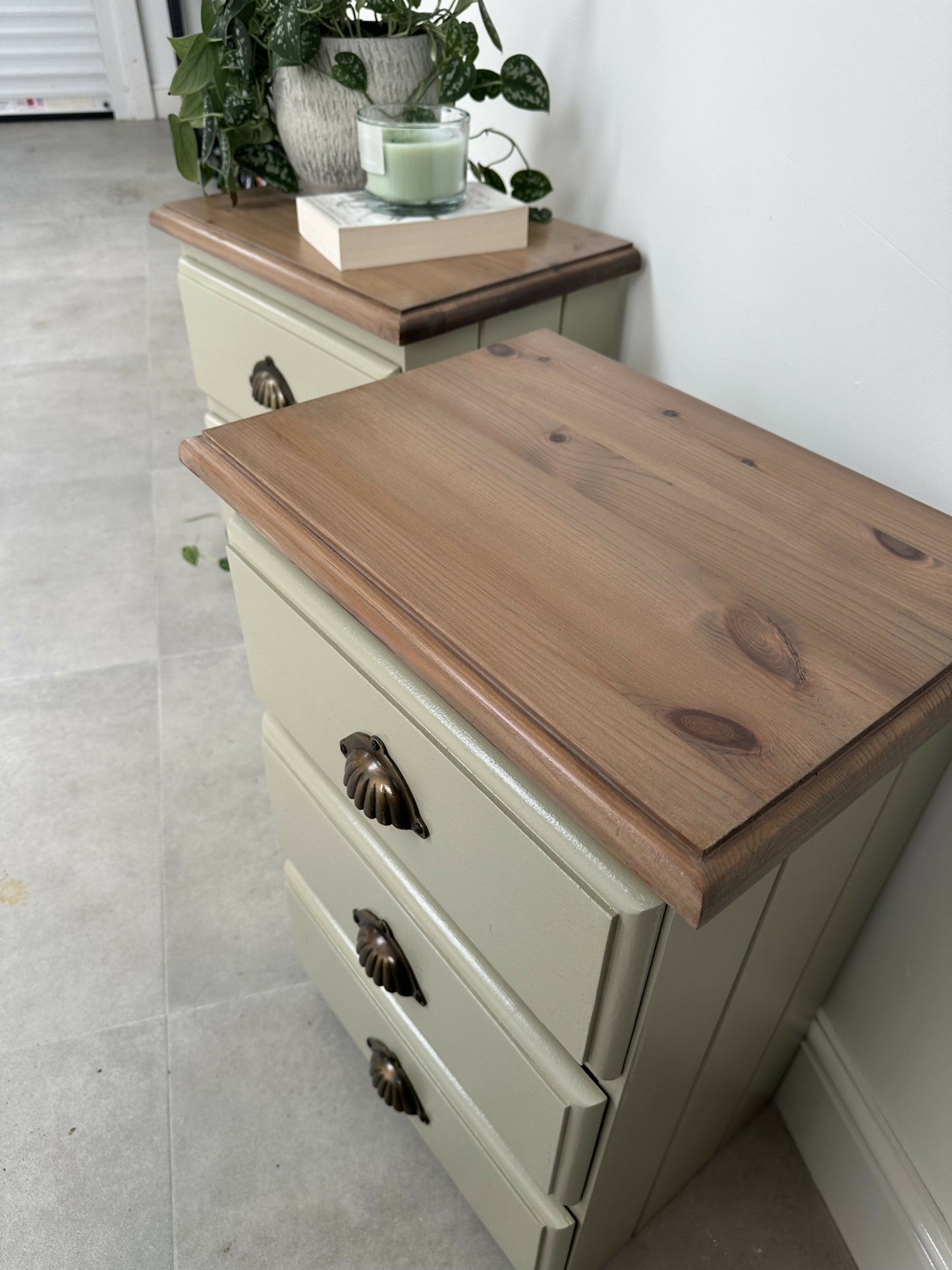 Pair of Vintage Wooden 3 Drawers Bedside Tables, in Sage Green