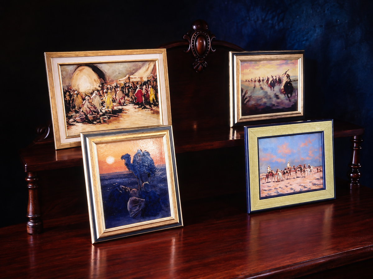 Vintage Set of x4 Desert/Eastern Oil Paintings, Gold Framed, Signed by Same Artist