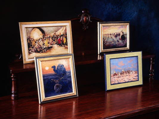 Vintage Set of x4 Desert/Eastern Oil Paintings, Gold Framed, Signed by Same Artist