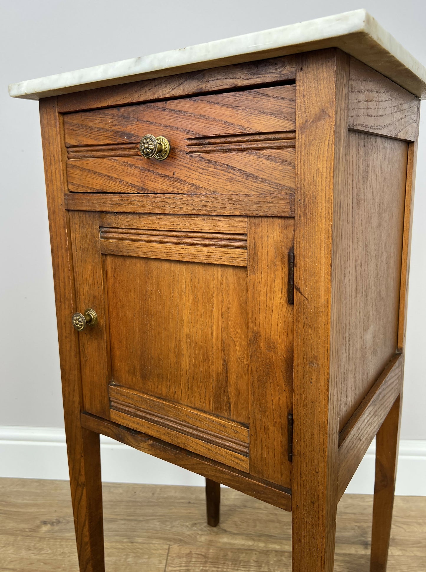 Bedside Table Antique French Style Marble Top Oak Cabinet Nightstand LOT 6245