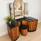 Refinished burl walnut and black Art Deco dressing table set with stool and mirror. Circa 1930 dresser, chest of drawers, art nouveau