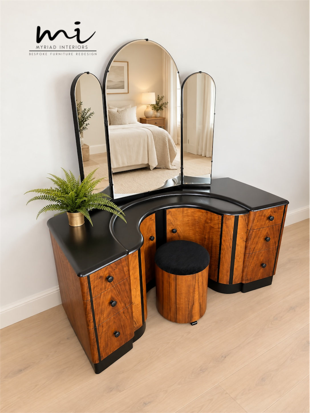 Refinished burl walnut and black Art Deco dressing table set with stool and mirror. Circa 1930 dresser, chest of drawers, art nouveau
