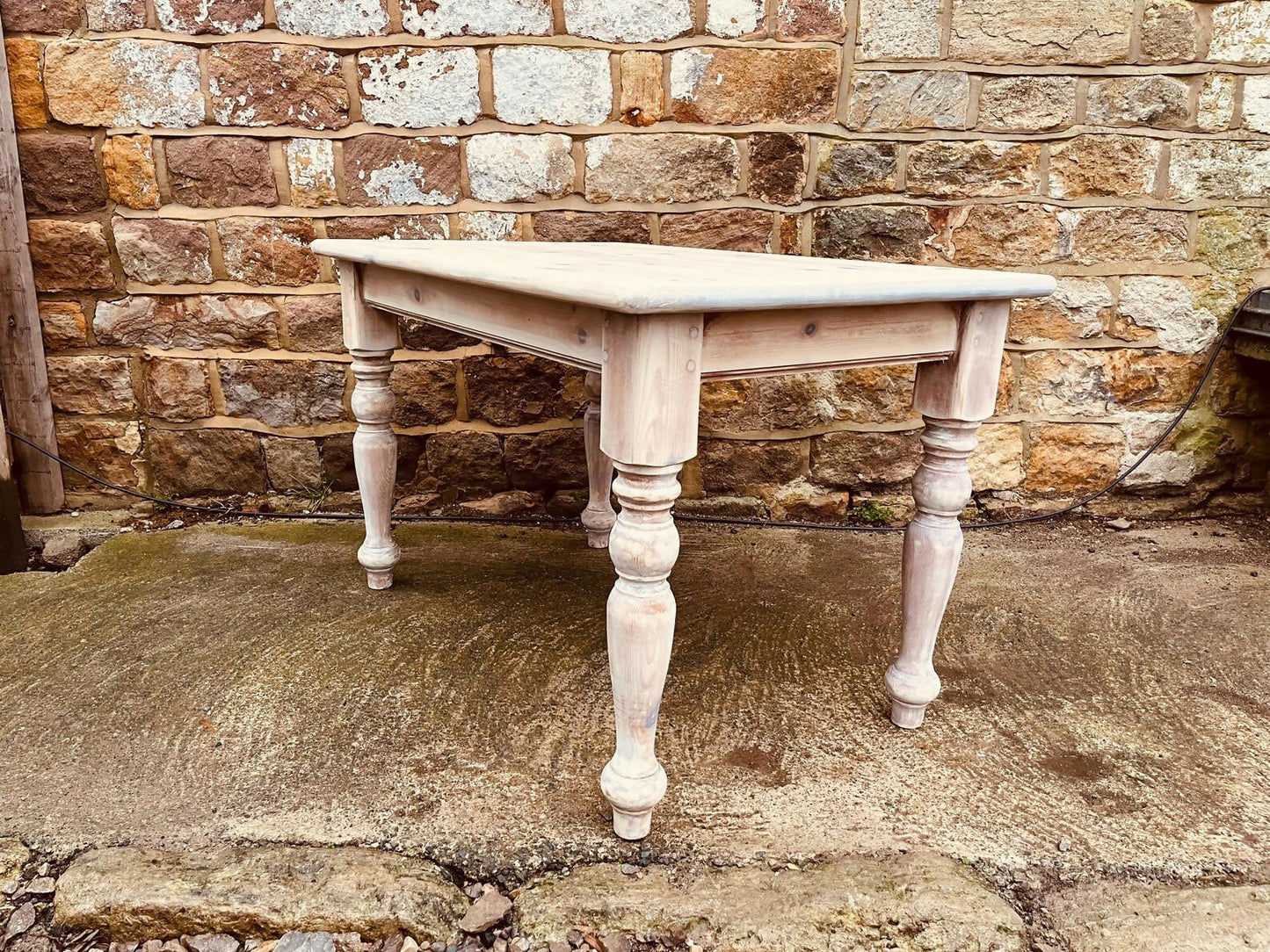 Stripped Pine Farmhouse Dining Table | Solid Wood Country Kitchen Table | Turned Legs Rustic Cottage Table