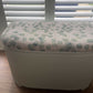 Midsize lovingly repainted and reupholstered mid century Ottoman. Light green paint and updated material.