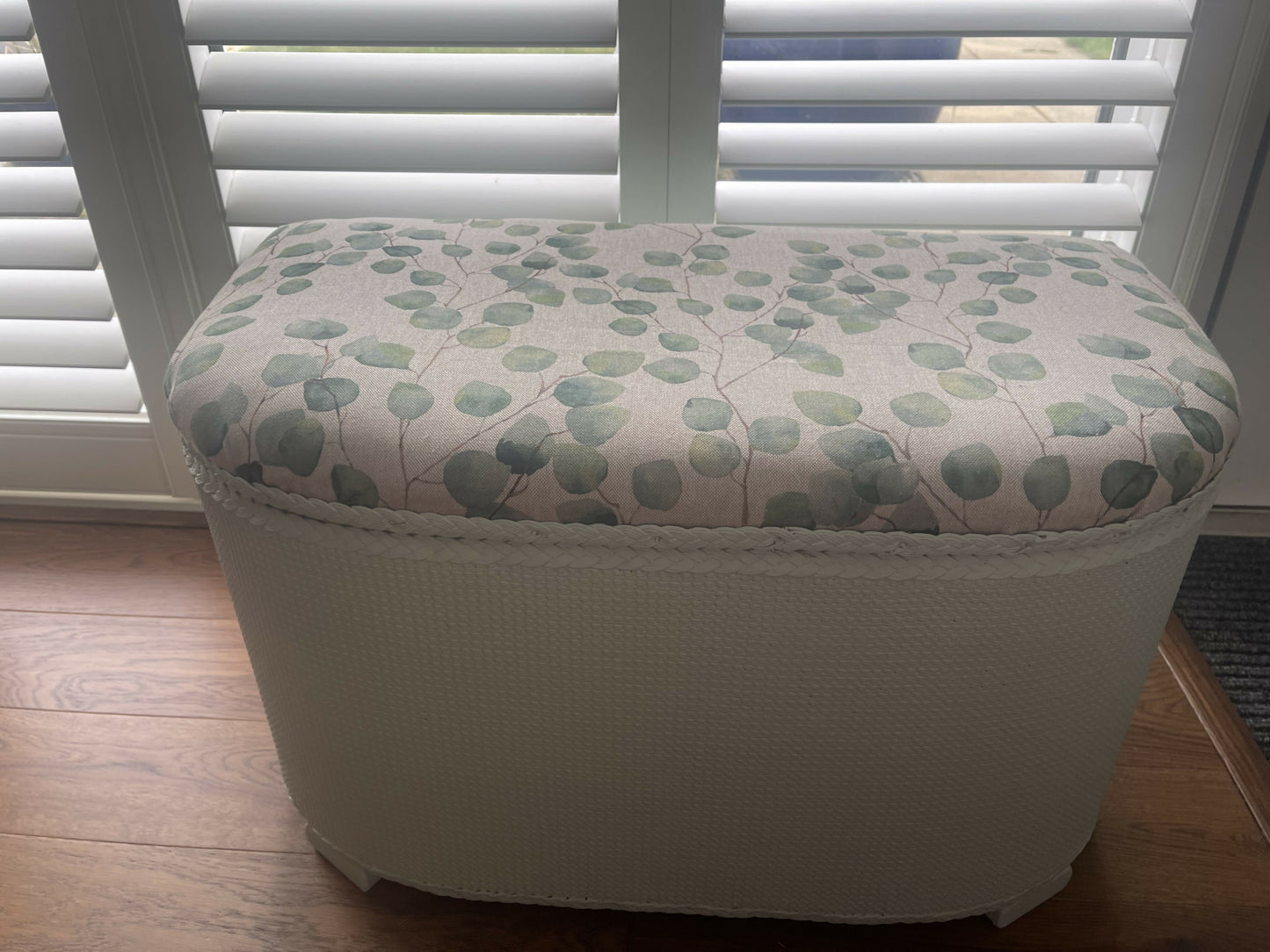 Midsize lovingly repainted and reupholstered mid century Ottoman. Light green paint and updated material.