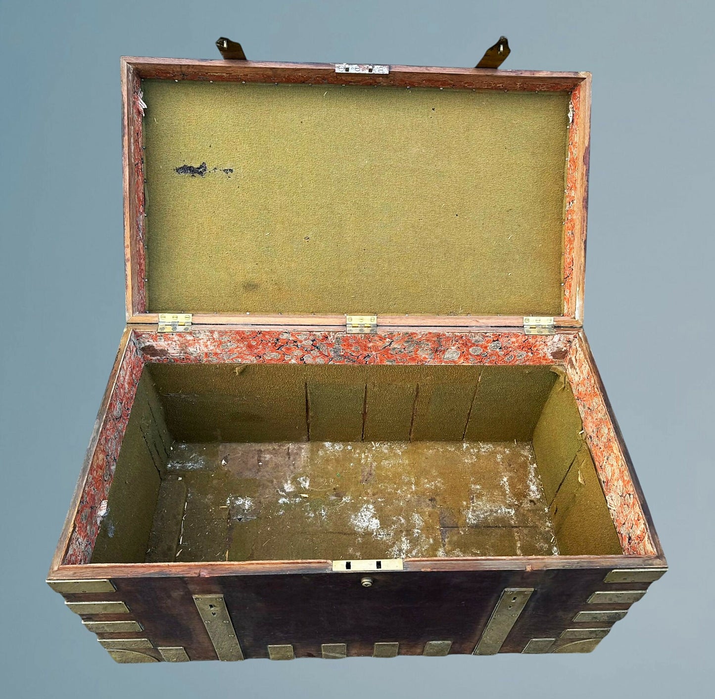 Large Antique Oak Brass Bound Silver or Plate Chest, Trunk