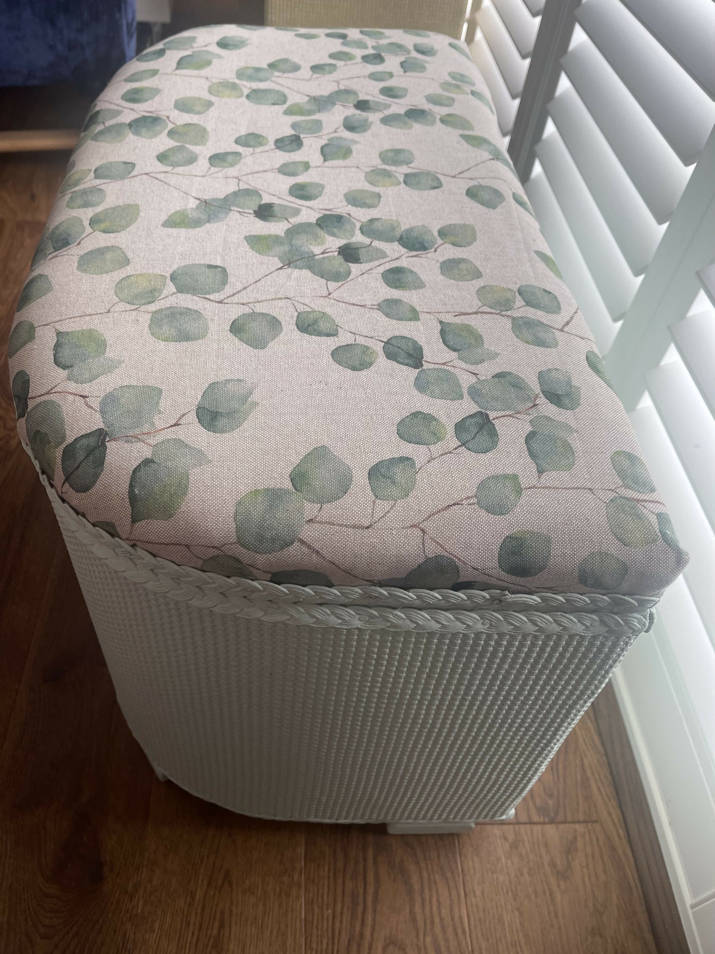 Midsize lovingly repainted and reupholstered mid century Ottoman. Light green paint and updated material.