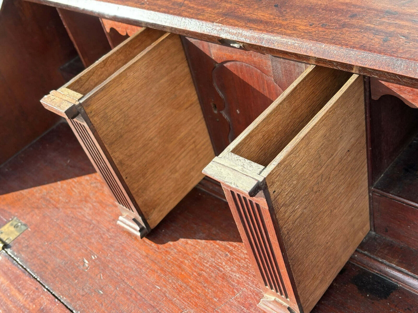 English Georgian Mahogany Desk, Fitted Interior, Secret Drawers, Brass Handles