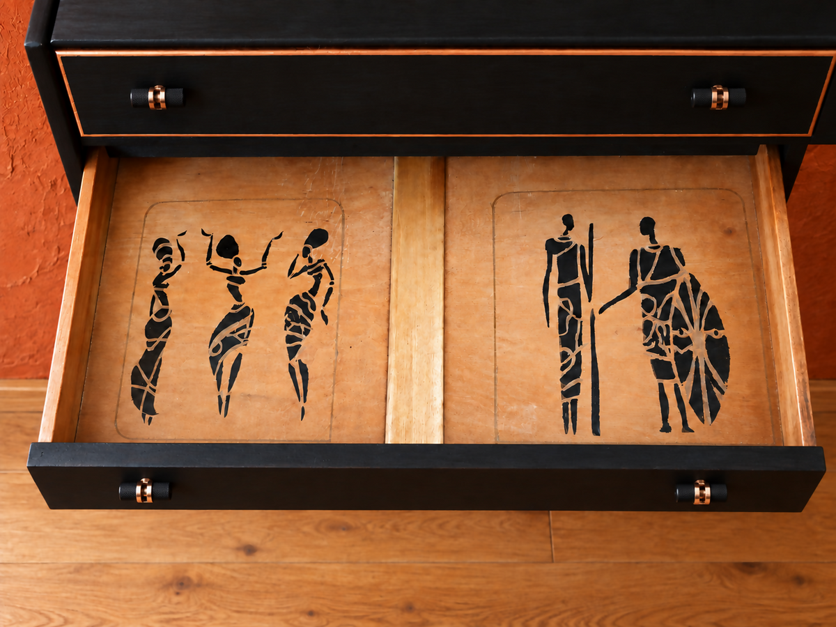 THE AFRICAN ASPECTS UPCYCLED - ONE-OFF FURNITURE ART “Echoes of Her” black, gold and copper bureau