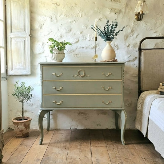Vintage Louis Style Olympus Chest of Drawers | Upcycled in Sage Green & Gold