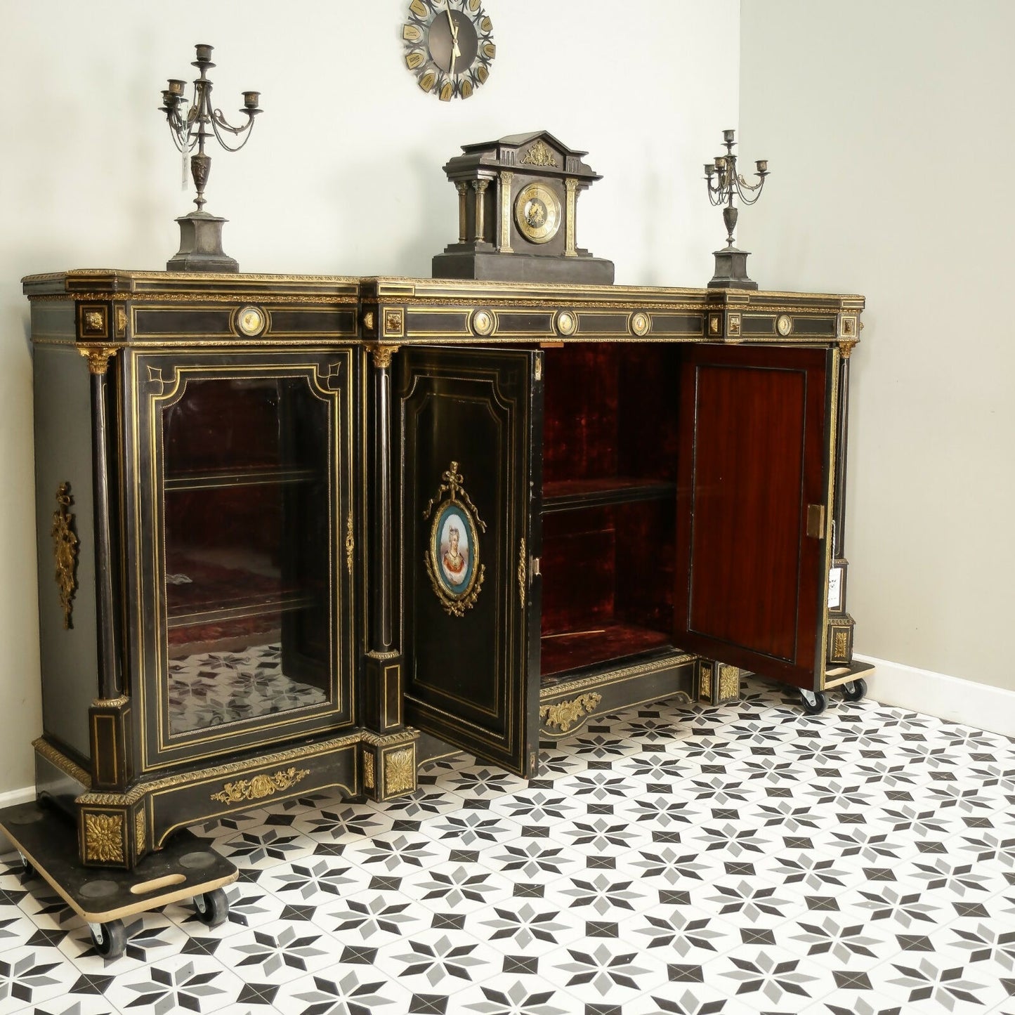 Antique Ebonised Black and Gilt Brass Credenza 19th Century with Porcelain Plaques