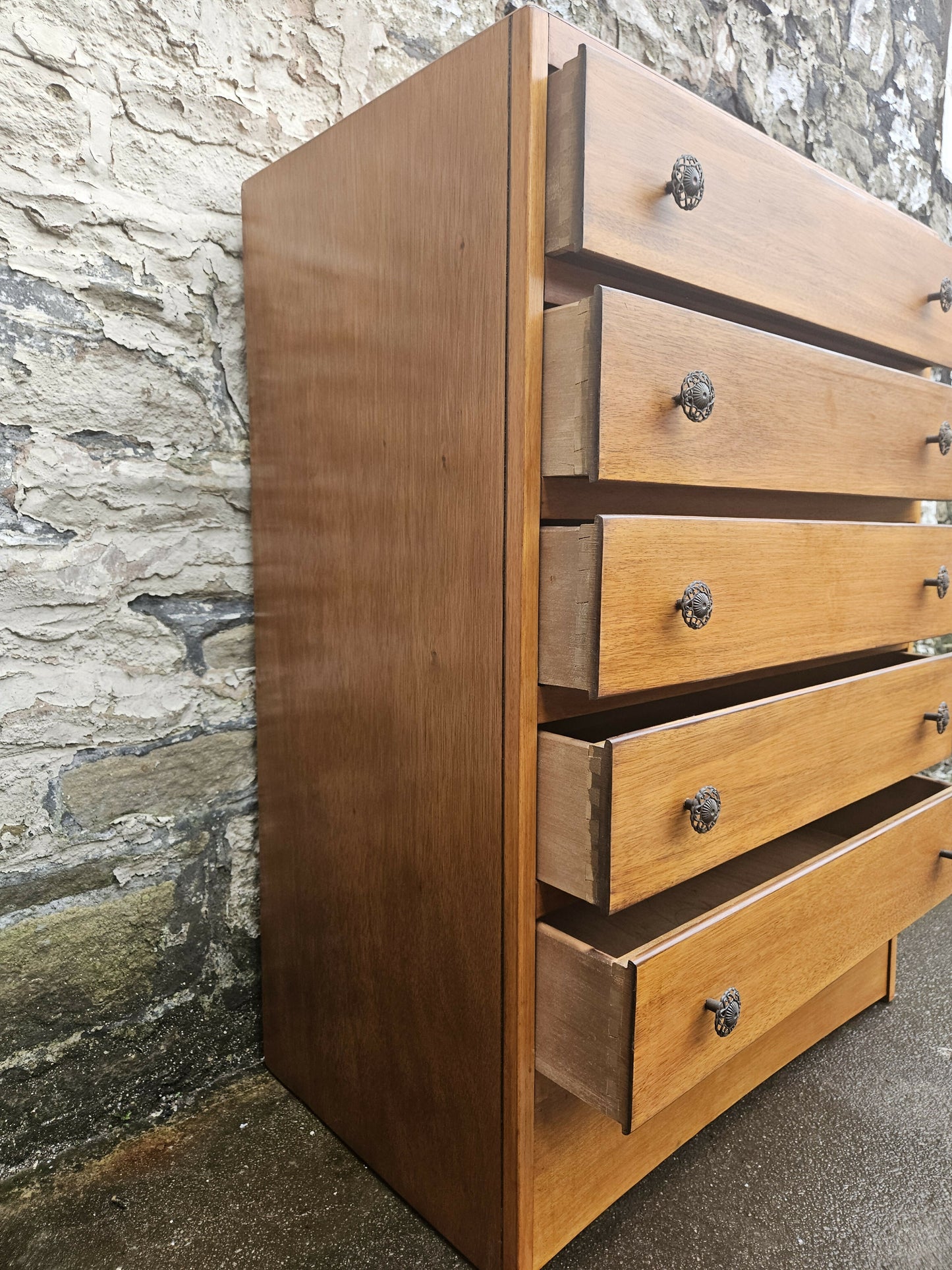 Vintage Oak Tallboy Chest of Drawers: Antique Cabinet with Detailing Five Drawer