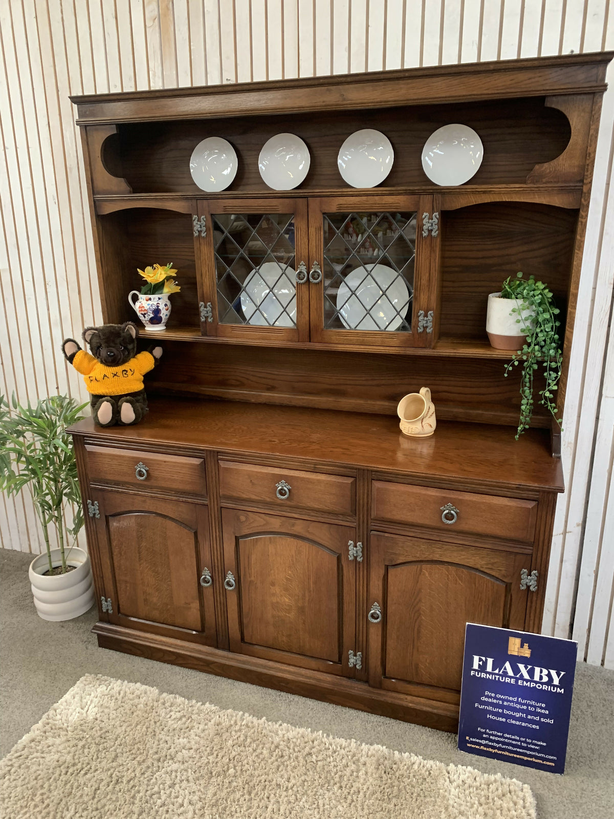 Vintage Old Charm style Oak Large Welsh Dresser Carved Display Cabinet Hutch