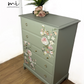 Refinished Stag Minstrel Tallboy Chest Of Drawers in Pale Green with delicate pink floral design