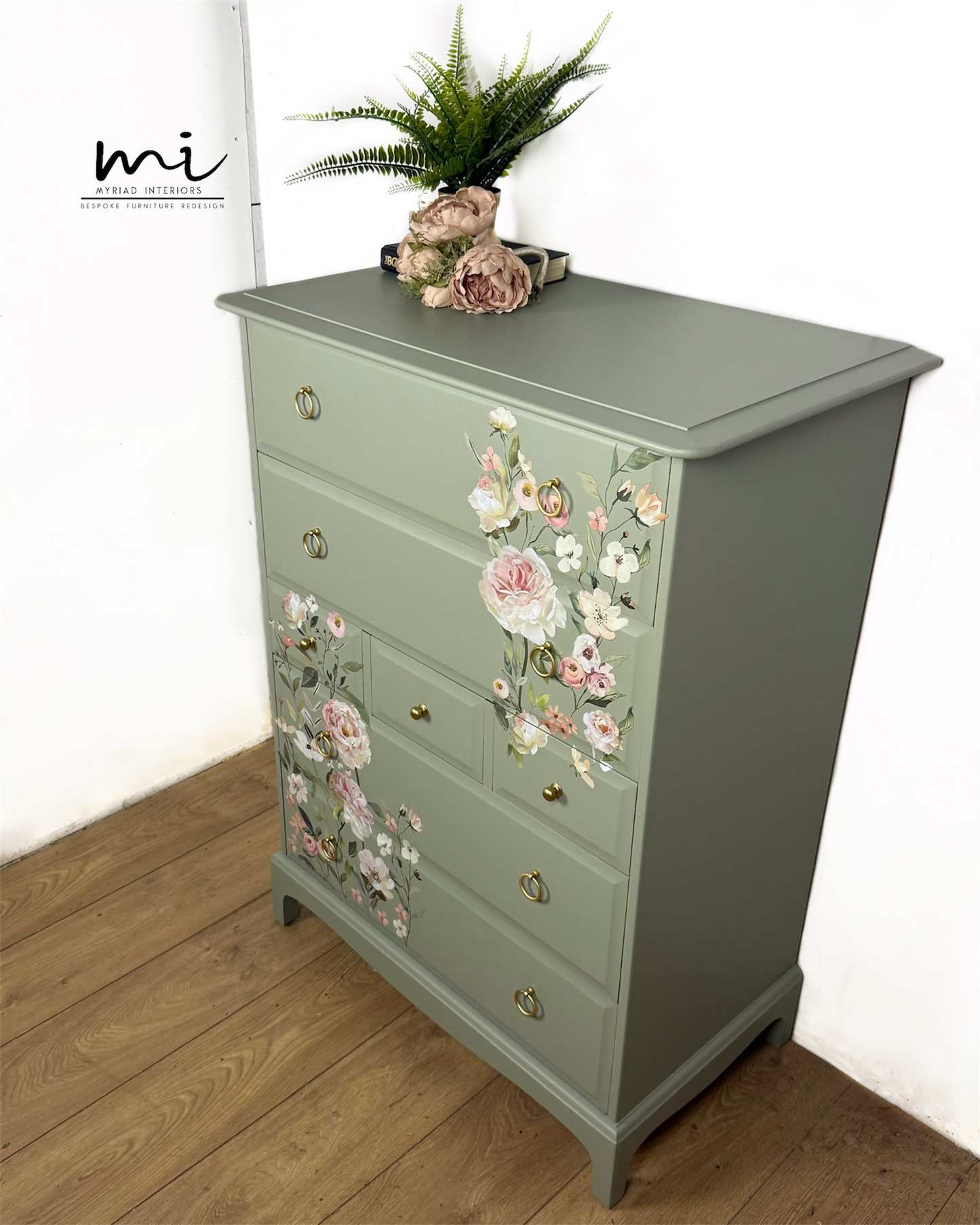 Refinished Stag Minstrel Tallboy Chest Of Drawers in Pale Green with delicate pink floral design